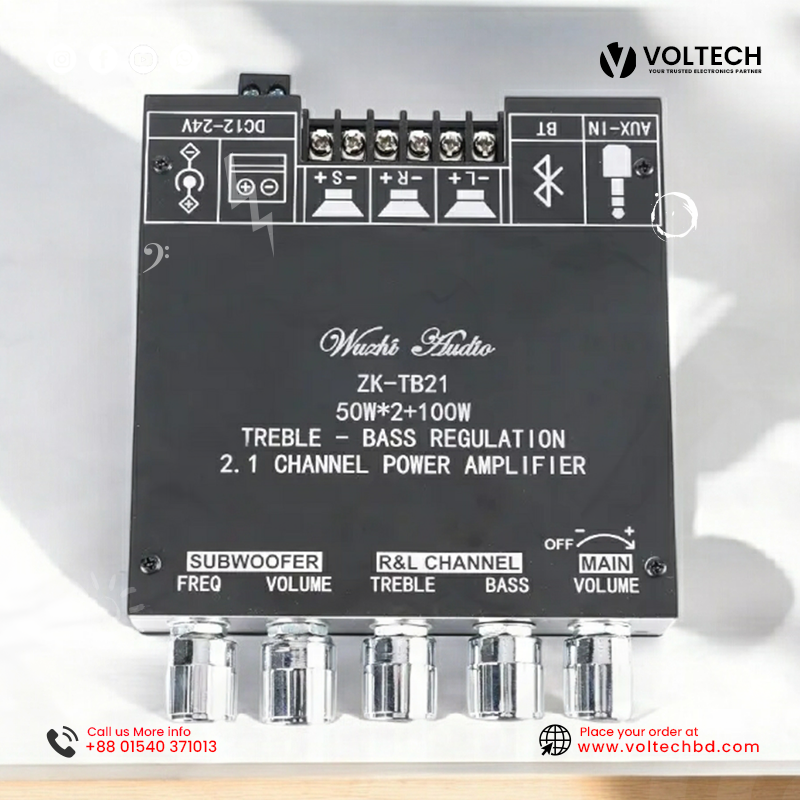 Wuzhi Audio ZK TB21 + App Hi-Fi 2.1 Bluetooth Amplifier (50W+50W Stereo + 100W Sub) – Voltech Electronics Wuzhi Audio ZK TB21 + App Hi-Fi 2.1 Bluetooth Amplifier (50W+50W Stereo + 100W Sub) – Voltech Electronics