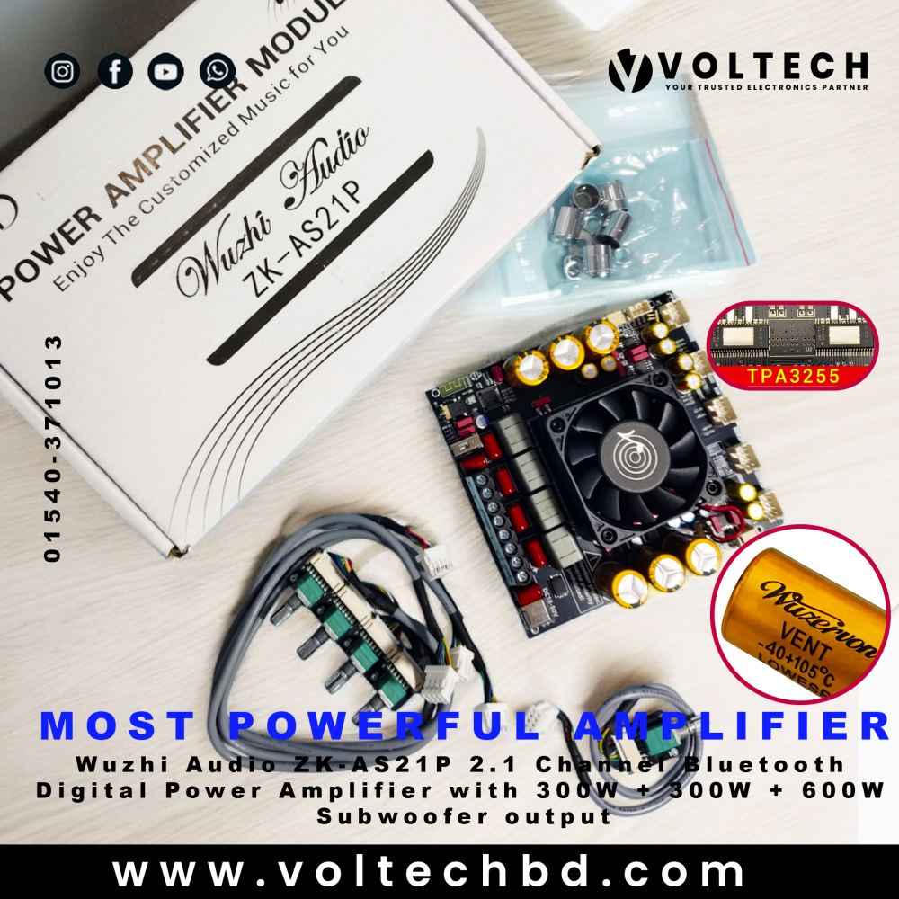 Wuzhi Audio ZK-AS21P 300W + 300W + 600W (Sub) 2.1 Channel Bluetooth Digital Power Amplifier Board | Voltech Electronics Wuzhi Audio ZK-AS21P 300W + 300W + 600W (Sub) 2.1 Channel Bluetooth Digital Power Amplifier Board | Voltech Electronics