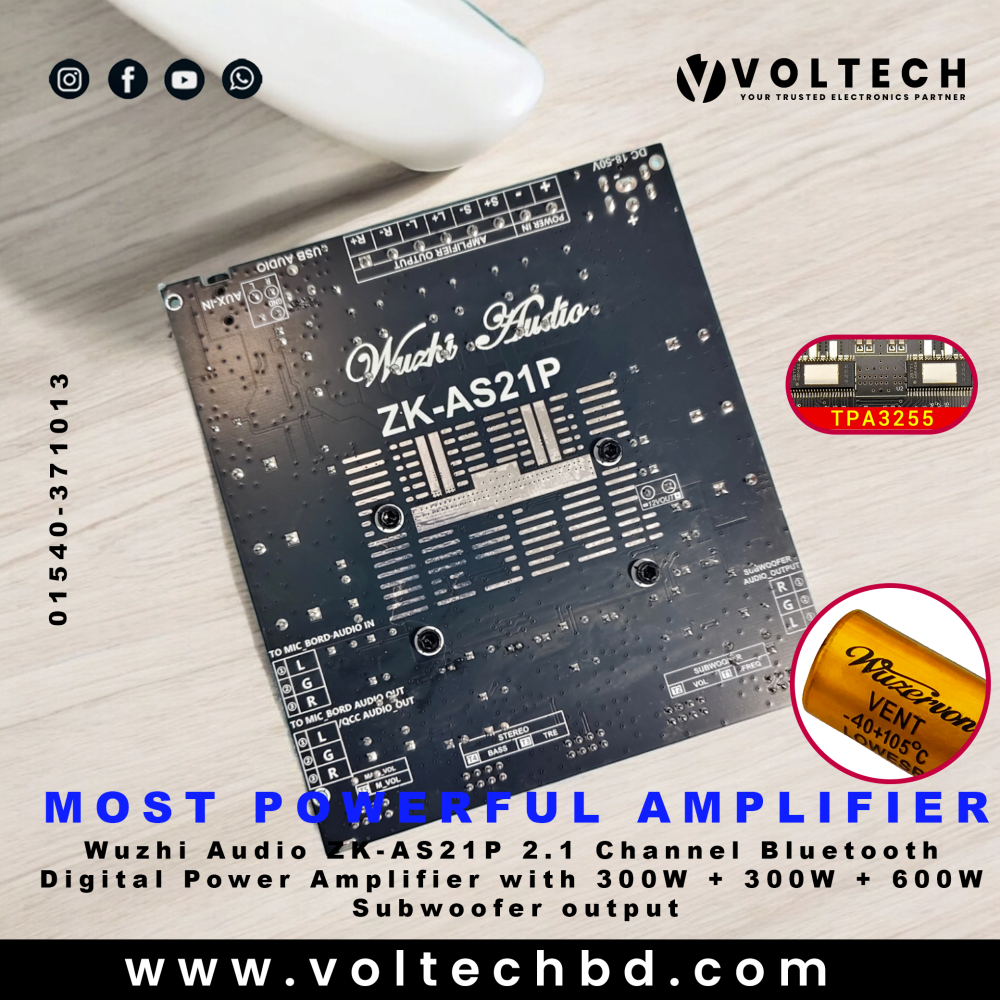 Wuzhi Audio ZK-AS21P 300W + 300W + 600W (Sub) 2.1 Channel Bluetooth Digital Power Amplifier Board | Voltech Electronics Wuzhi Audio ZK-AS21P 300W + 300W + 600W (Sub) 2.1 Channel Bluetooth Digital Power Amplifier Board | Voltech Electronics