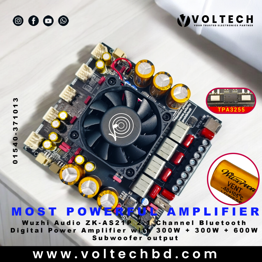 Wuzhi Audio ZK-AS21P 300W + 300W + 600W (Sub) 2.1 Channel Bluetooth Digital Power Amplifier Board | Voltech Electronics Wuzhi Audio ZK-AS21P 300W + 300W + 600W (Sub) 2.1 Channel Bluetooth Digital Power Amplifier Board | Voltech Electronics