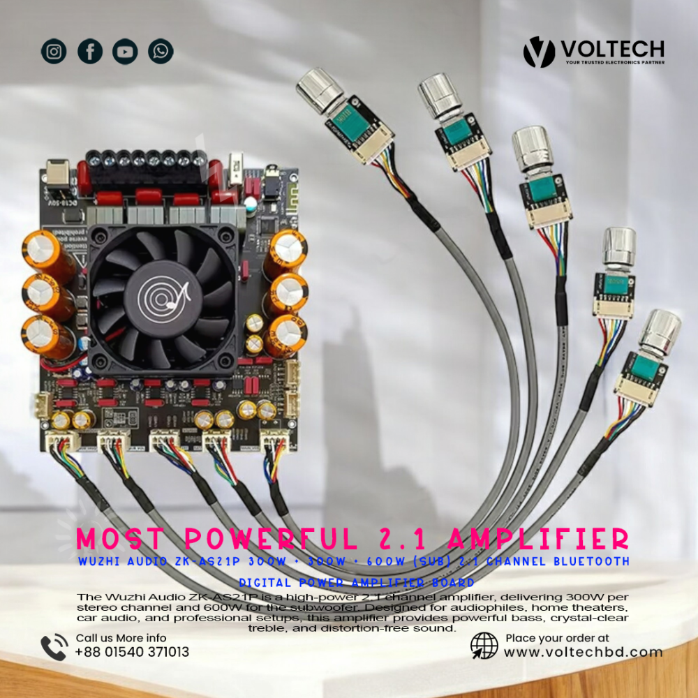 Wuzhi Audio ZK-AS21P 300W + 300W + 600W (Sub) 2.1 Channel Bluetooth Digital Power Amplifier Board | Voltech Electronics Wuzhi Audio ZK-AS21P 300W + 300W + 600W (Sub) 2.1 Channel Bluetooth Digital Power Amplifier Board | Voltech Electronics