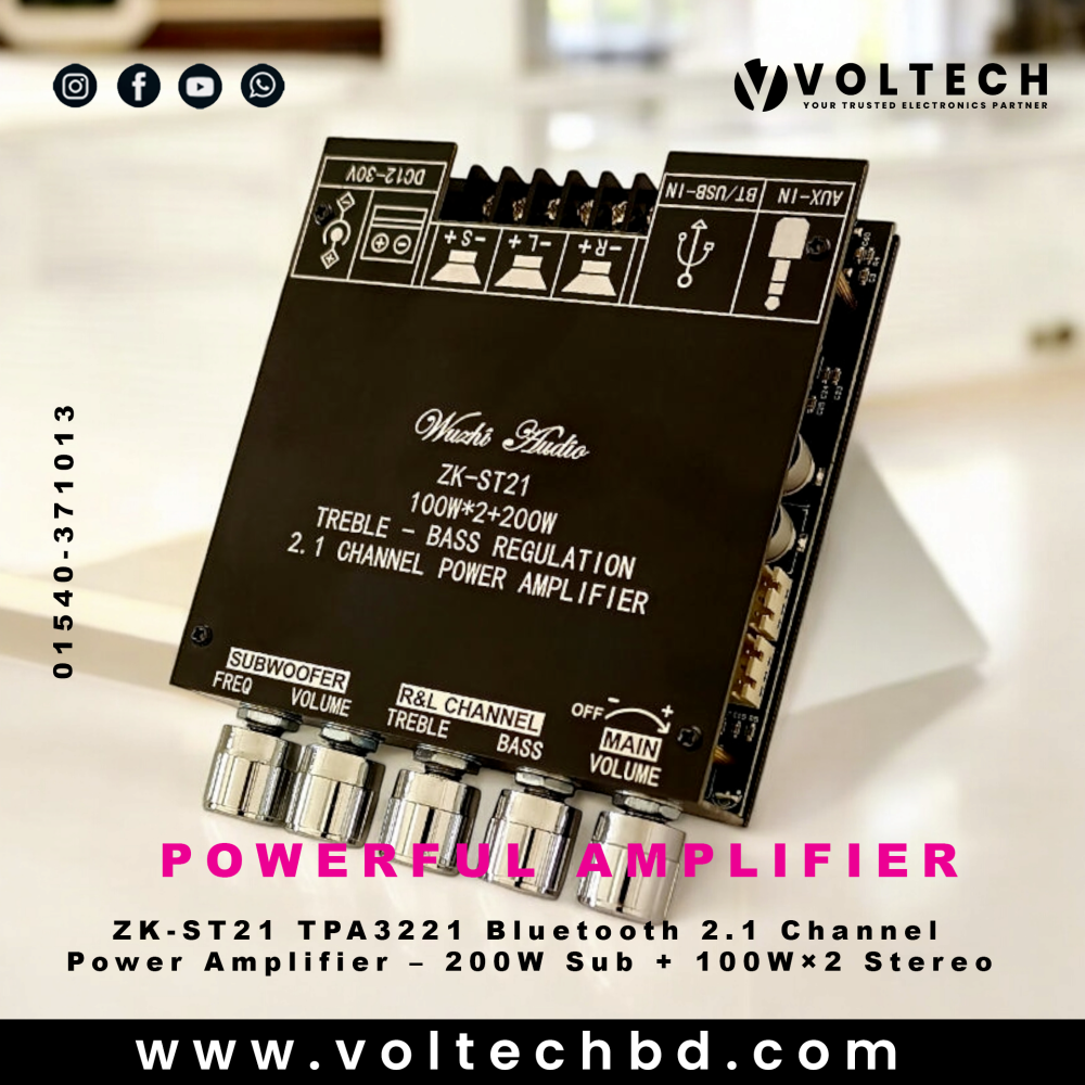 ZK-ST21 Bluetooth Digital Amplifier Board – 2.1 Channel 100W + 100W + 200W Subwoofer (TPA3221) ZK-ST21 Bluetooth Digital Amplifier Board – 2.1 Channel 100W + 100W + 200W Subwoofer (TPA3221)
