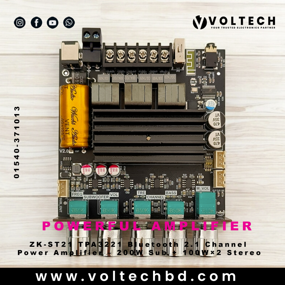 ZK-ST21 Bluetooth Digital Amplifier Board – 2.1 Channel 100W + 100W + 200W Subwoofer (TPA3221) ZK-ST21 Bluetooth Digital Amplifier Board – 2.1 Channel 100W + 100W + 200W Subwoofer (TPA3221)