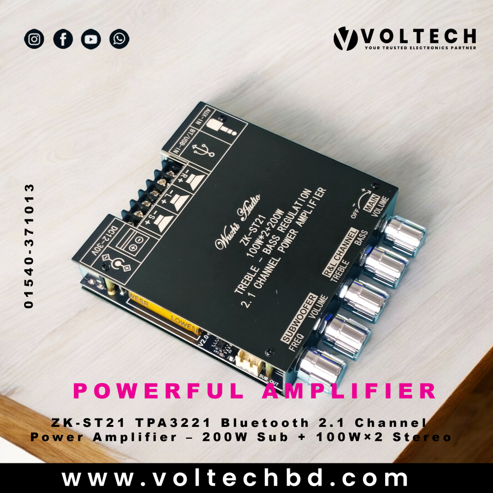 ZK-ST21 Bluetooth Digital Amplifier Board – 2.1 Channel 100W + 100W + 200W Subwoofer (TPA3221) ZK-ST21 Bluetooth Digital Amplifier Board – 2.1 Channel 100W + 100W + 200W Subwoofer (TPA3221)
