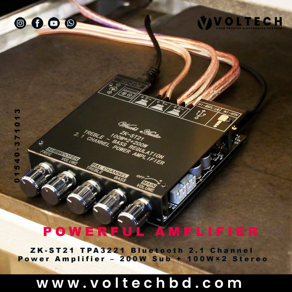 ZK-ST21 Bluetooth Digital Amplifier Board – 2.1 Channel 100W + 100W + 200W Subwoofer (TPA3221) ZK-ST21 Bluetooth Digital Amplifier Board – 2.1 Channel 100W + 100W + 200W Subwoofer (TPA3221)