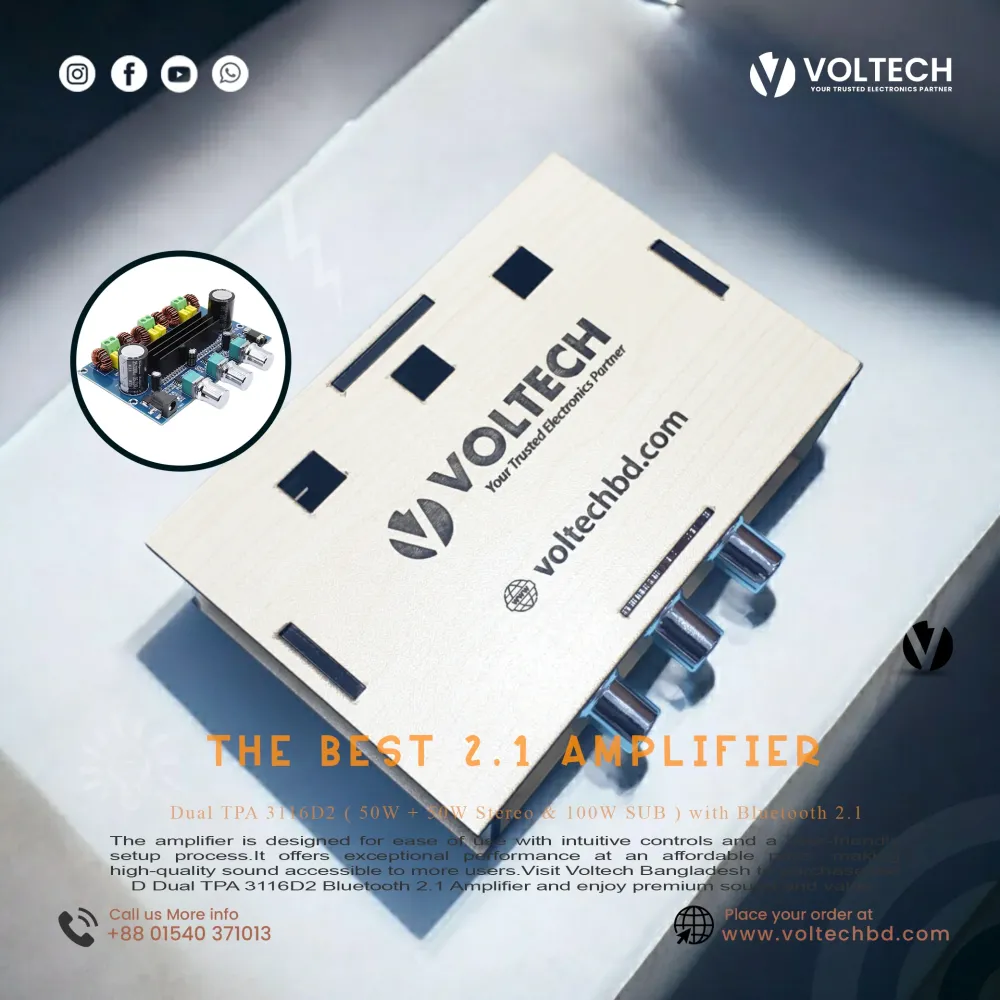 TPA3116D2 100W+ 50W x2 2.1 Bluetooth 5.0 Amplifier with Casing – Hi-Fi Sound | Voltech Electronics TPA3116D2 100W+ 50W x2 2.1 Bluetooth 5.0 Amplifier with Casing – Hi-Fi Sound | Voltech Electronics
