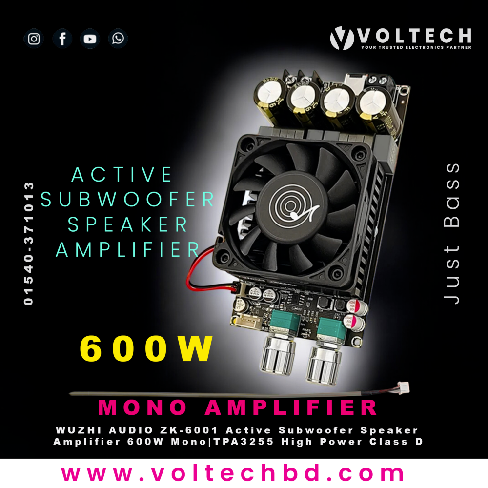 WUZHI AUDIO ZK-6001 Active Subwoofer Speaker Amplifier Module Board – 600W Mono | Frequency & Volume Adjustment | TPA3255 High Power Class D WUZHI AUDIO ZK-6001 Active Subwoofer Speaker Amplifier Module Board – 600W Mono | Frequency & Volume Adjustment | TPA3255 High Power Class D