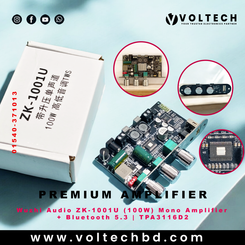 Wuzhi Audio ZK-1001U 100W Mono Amplifier + Bluetooth 5.3 | TPA3116D2 | Voltech Electronics Wuzhi Audio ZK-1001U 100W Mono Amplifier + Bluetooth 5.3 | TPA3116D2 | Voltech Electronics
