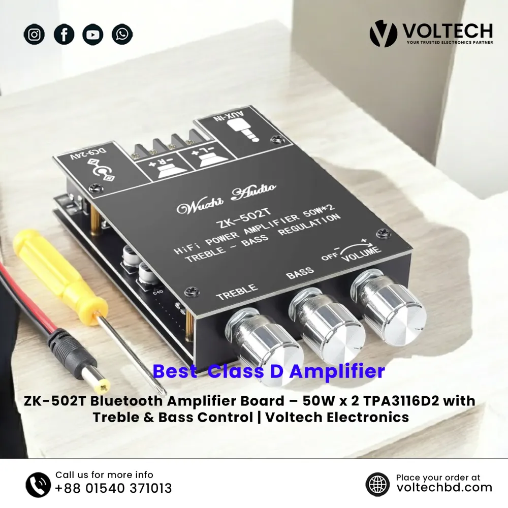 Wuzhi Audio ZK-502T + App Bluetooth Amplifier Board – 50W x 2, Treble & Bass Control | Voltech Electronics Wuzhi Audio ZK-502T + App Bluetooth Amplifier Board – 50W x 2, Treble & Bass Control | Voltech Electronics