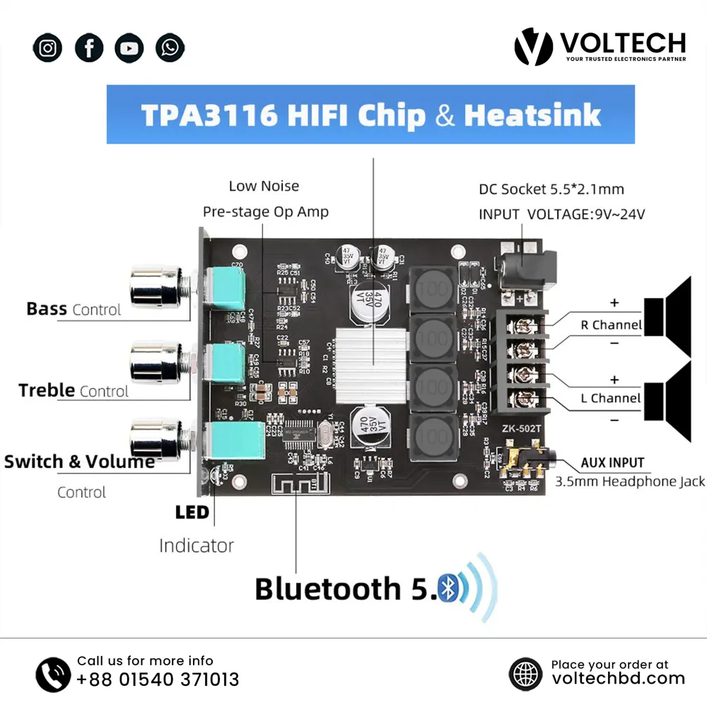 Wuzhi Audio ZK-502T + App Bluetooth Amplifier Board – 50W x 2, Treble & Bass Control | Voltech Electronics Wuzhi Audio ZK-502T + App Bluetooth Amplifier Board – 50W x 2, Treble & Bass Control | Voltech Electronics